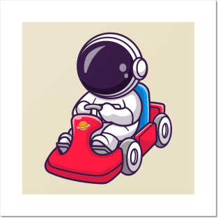 Cute Astronaut Riding Gokart Cartoon Posters and Art